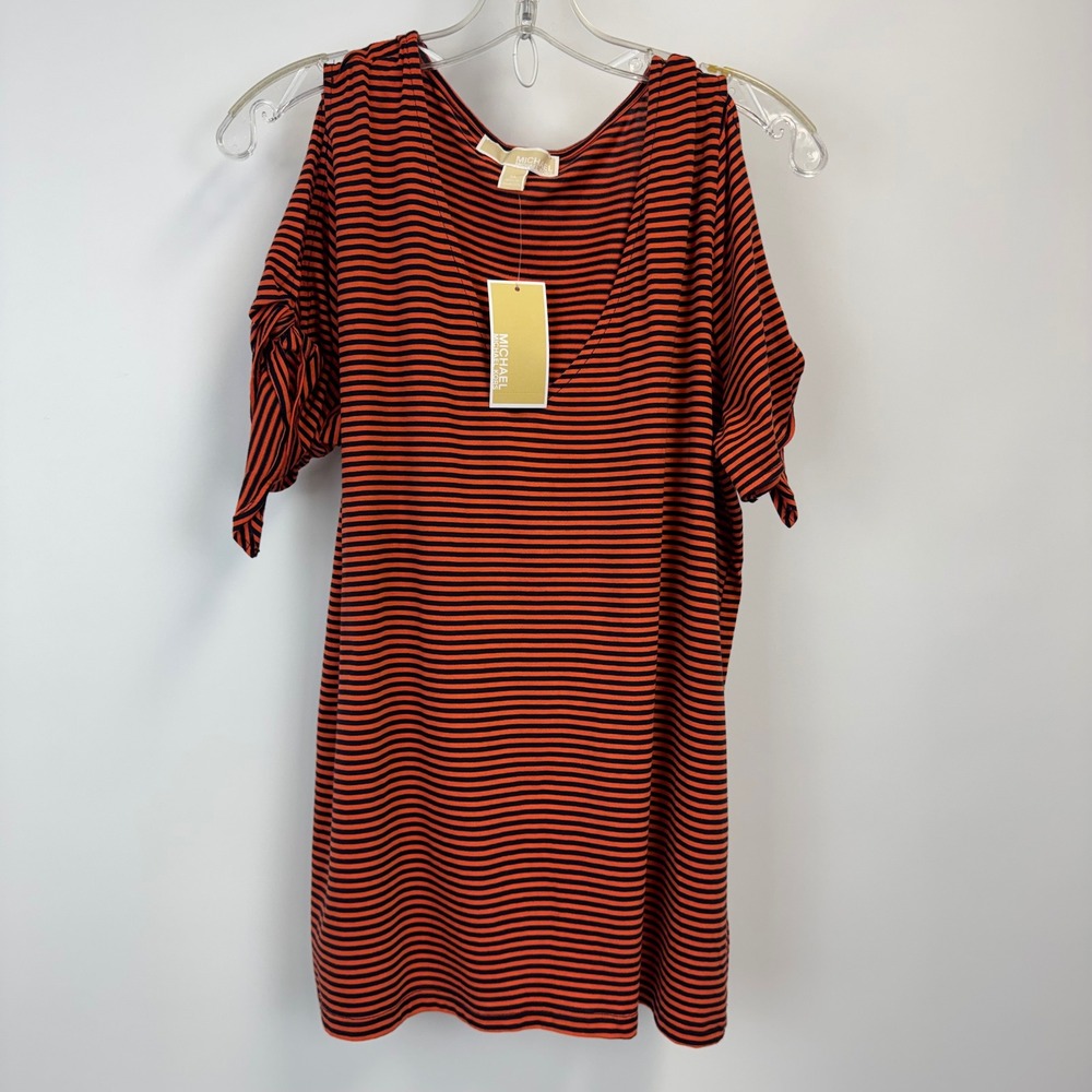 Michael Kors Cold Shoulder Tie Sleeve Striped Top Zinnia Orange Black XL
